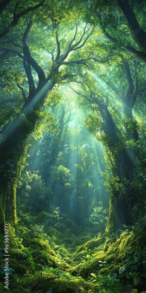 Fototapeta premium Sunlight streams through trees in a serene, majestic forest