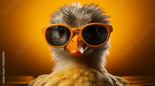 stylish funny duck with orange beak wearing sunglasses looking away against yellow background photo