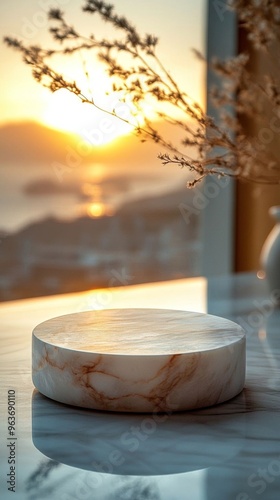 Empty marble riser on a table against a sunset view, perfect for marketplace showcasing home decor. photo