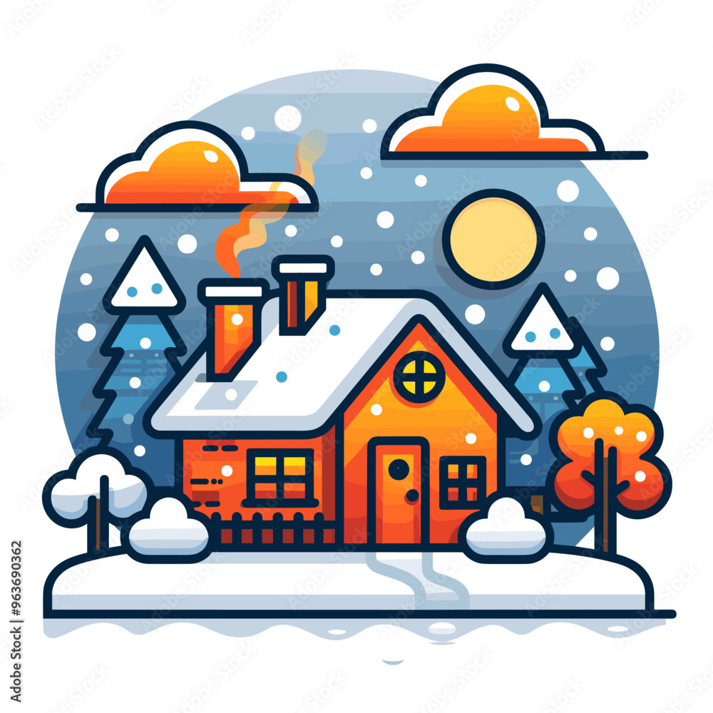Vector illustration of house with chimney in winter forest. Flat style design. Vector illustration of house with chimney in winter forest. Flat style design.