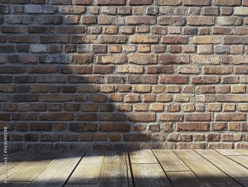 Fototapeta premium Rustic brick wall with wooden floor and natural shadows during daylight