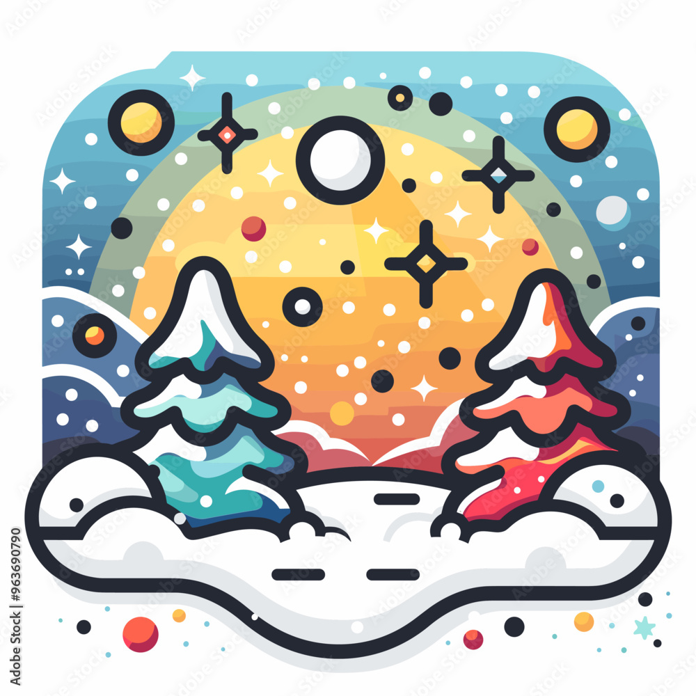Fototapeta premium Winter landscape with fir trees, moon and stars. Vector illustration.