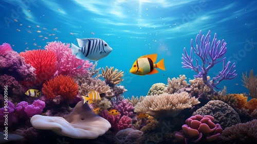 Tropical sea underwater fishes on coral reef. Aquarium oceanarium wildlife colorful marine panorama landscape nature snorkeling diving