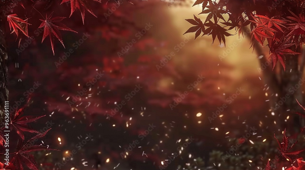 Red maple leaves falling in an autumn forest with soft sunlight filtering through. Red maple leaves falling in an autumn forest with soft sunlight filtering through.