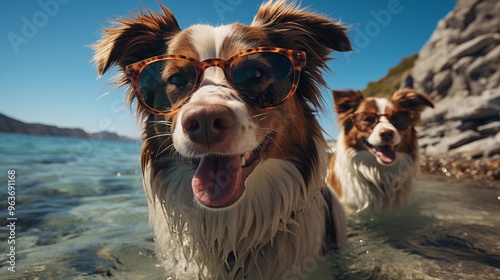 Two dogs are taking selfies on a beach wearing sunglasses, sunny day with blue water.