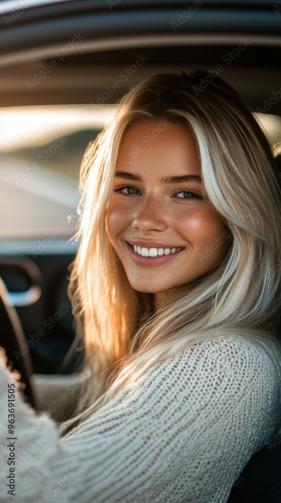Smiling young woman in a car enjoying a sunny drive in autumn