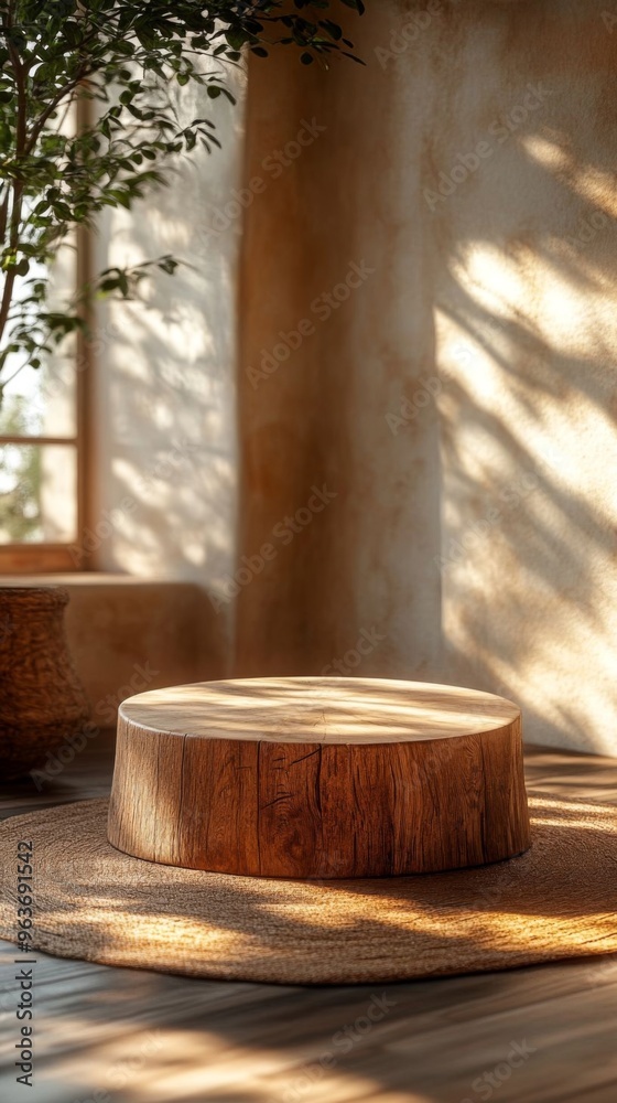 An empty wooden podium with a textured surface casts soft shadows in a cozy, sunlit interior, perfect for decor inspiration. An empty wooden podium with a textured surface casts soft shadows in a cozy, sunlit interior, perfect for decor inspiration.