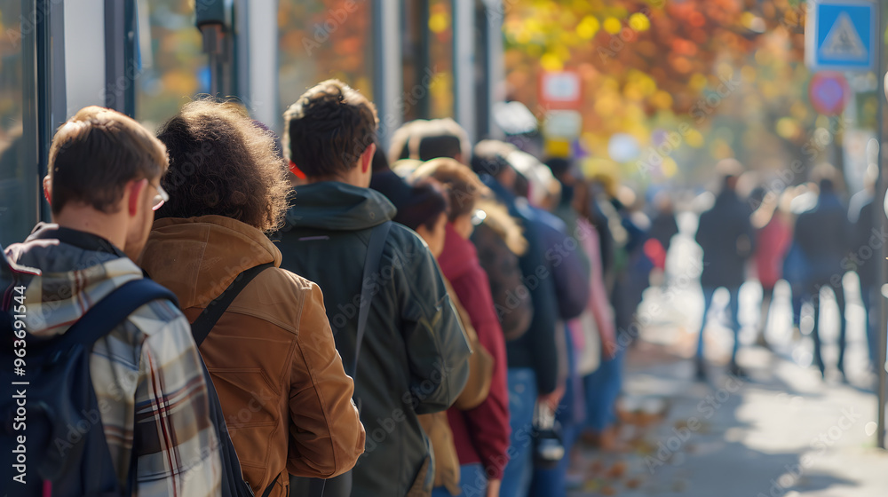 Crowded city street with diverse group of people waiting in line, looking bored and impatient. Crowded city street with diverse group of people waiting in line, looking bored and impatient.