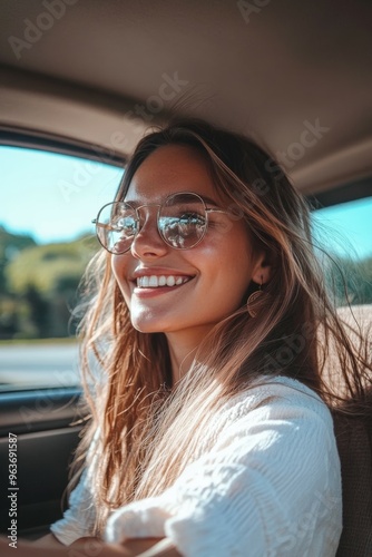 Smiling woman with glasses driving through a scenic landscape