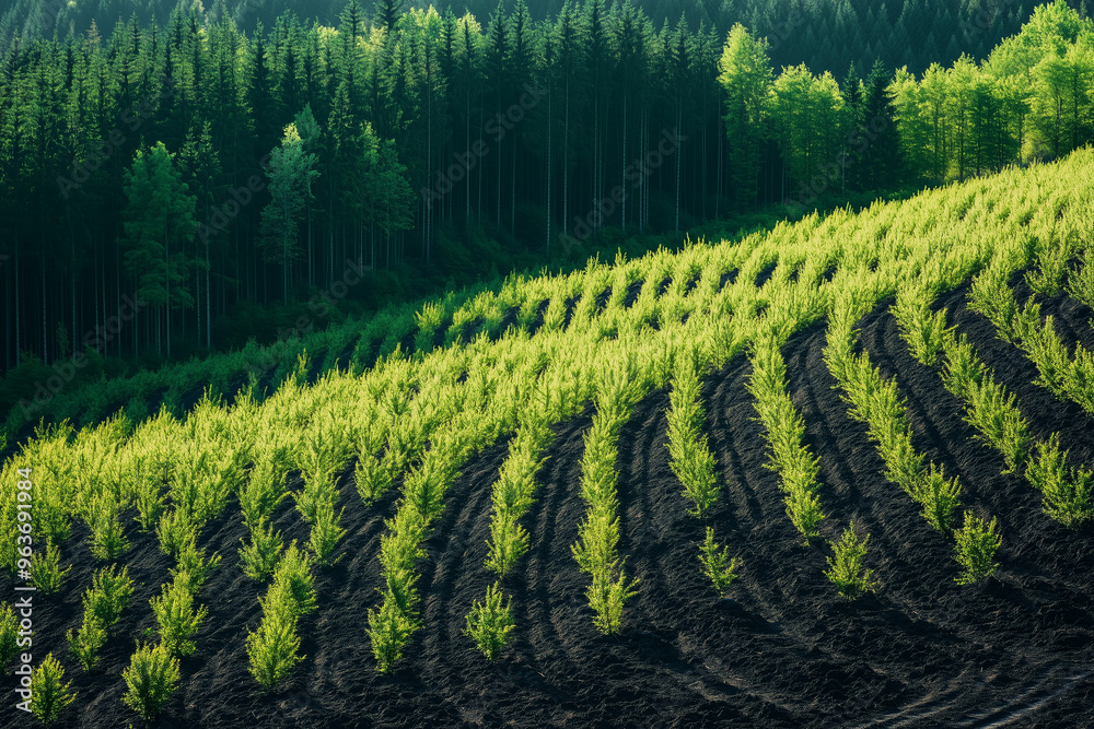 Fototapeta premium Young trees planted on a hillside as part of a reforestation effort, promoting environmental sustainability and forest regeneration