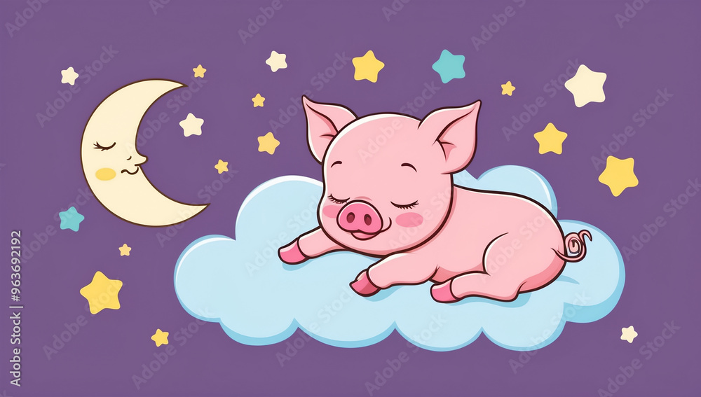 Little cartoon pig sleeping on a cloud, flat design illustration Little cartoon pig sleeping on a cloud, flat design illustration