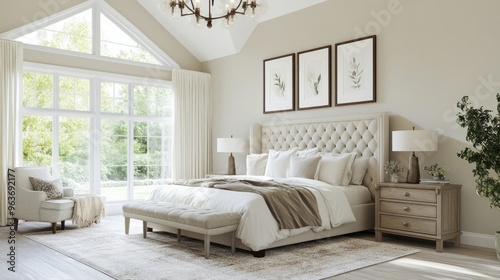 Elegant, tufted headboard anchoring a serene, neutral-toned bedroom with high ceilings photo