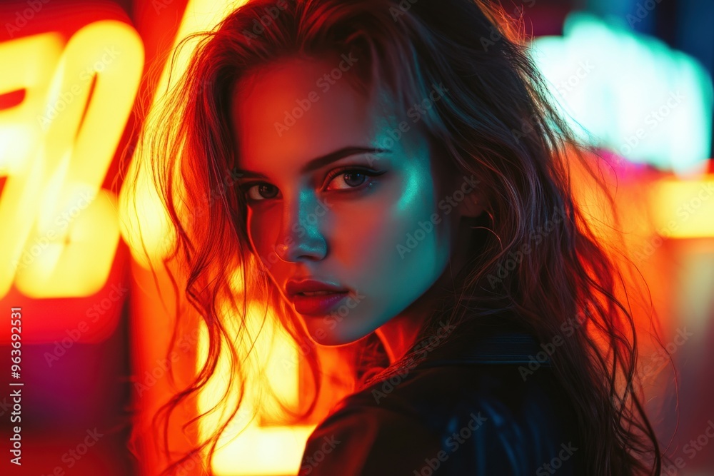 Model in neon lighting poses confidently in urban setting at night Model in neon lighting poses confidently in urban setting at night