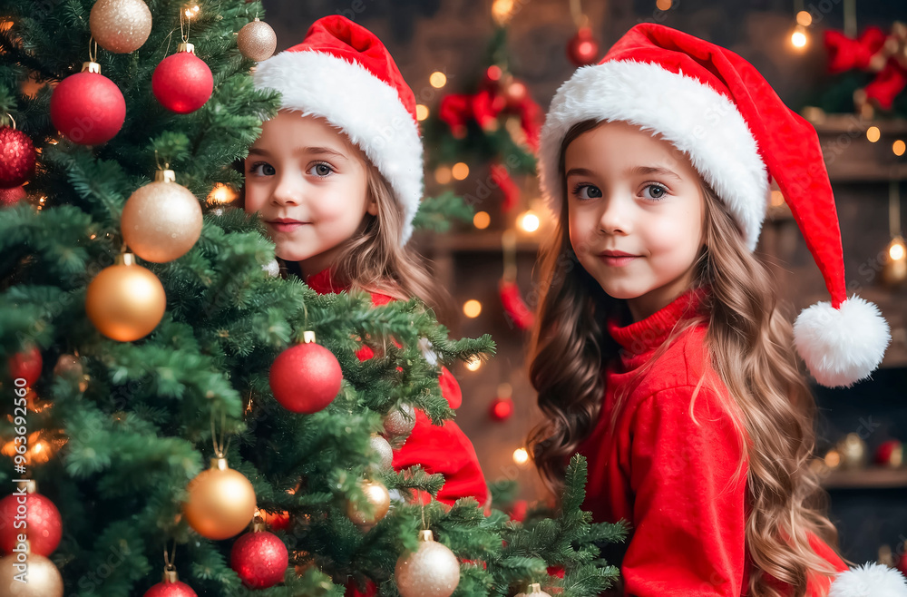 Two little sisters decorating a Christmas tree Two little sisters decorating a Christmas tree