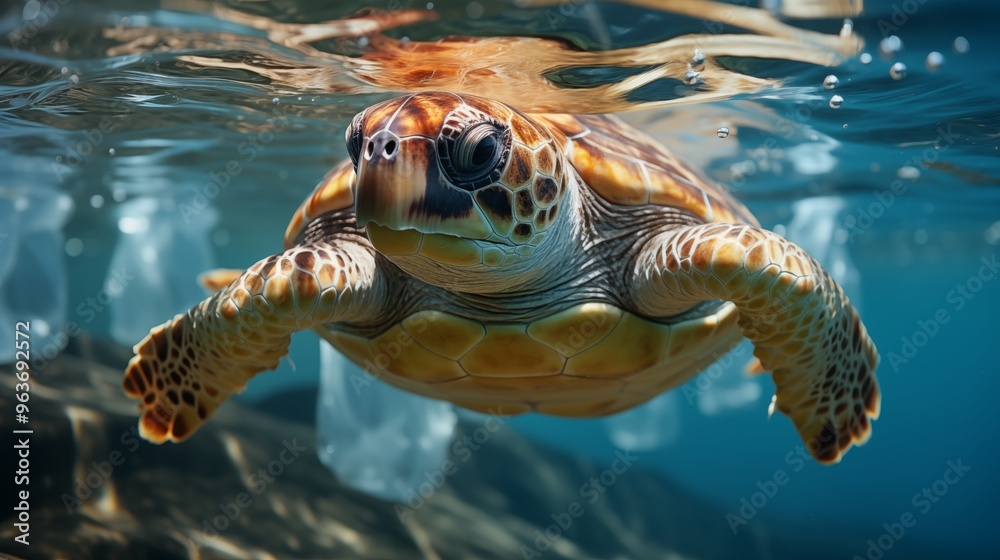 Fototapeta premium wild sea turtle in transparent plastic bag swimming underwater representing concept of environmental pollution