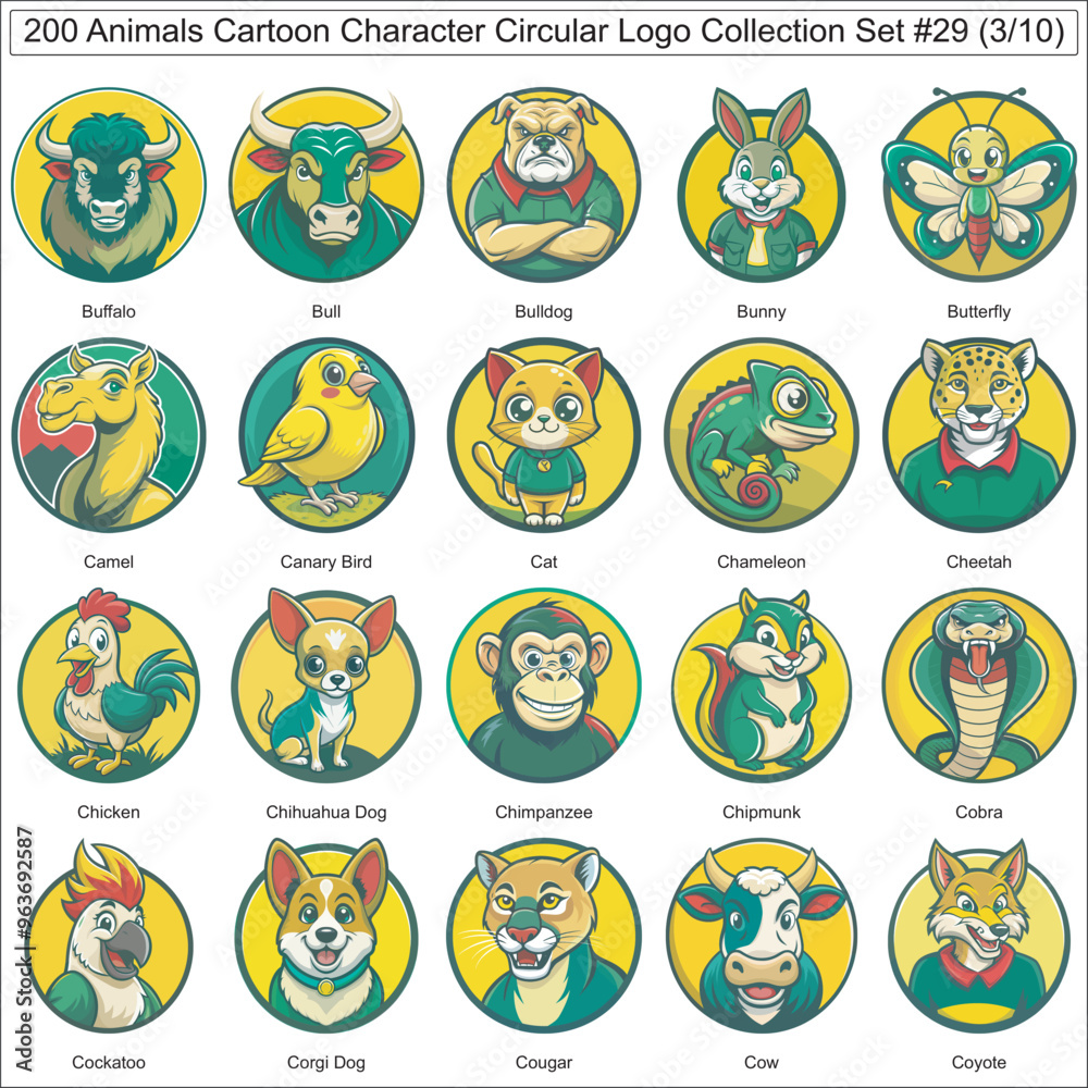 Animals Cartoon Character Circular Logo Collection Set of 200 Isolated Animals Part 3 Animals Cartoon Character Circular Logo Collection Set of 200 Isolated Animals Part 3