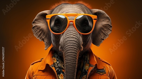 wild gray elephant in trendy sunglasses against orange background