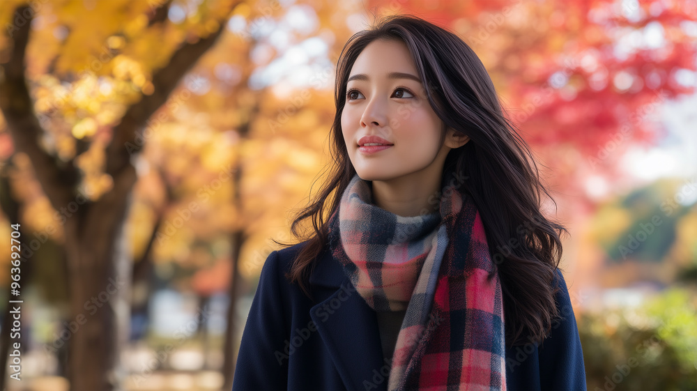 公園の紅葉通りを歩くマフラー姿の美人 公園の紅葉通りを歩くマフラー姿の美人