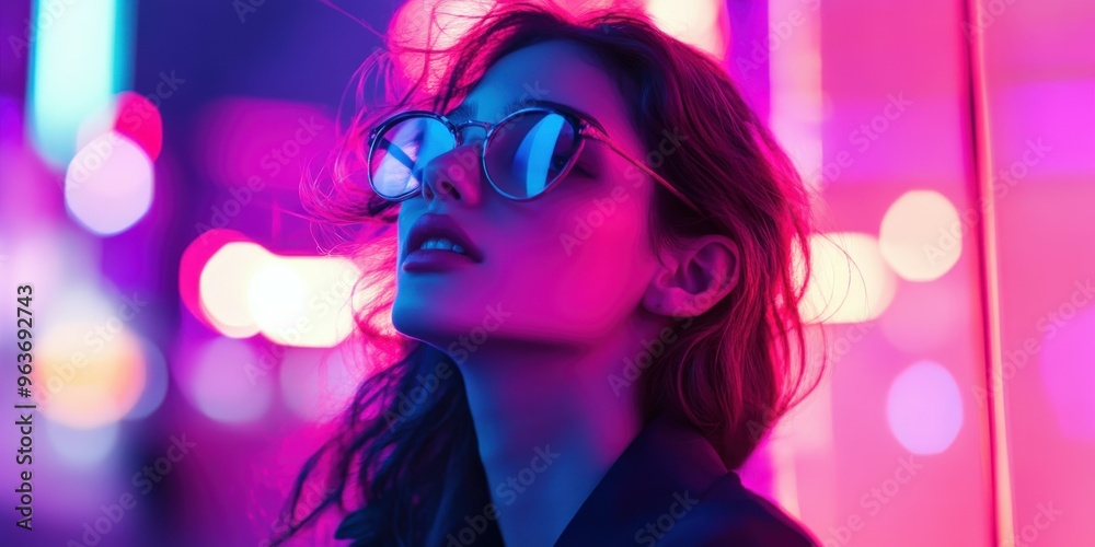 A young woman poses with sunglasses in vibrant neon city lights at night A young woman poses with sunglasses in vibrant neon city lights at night