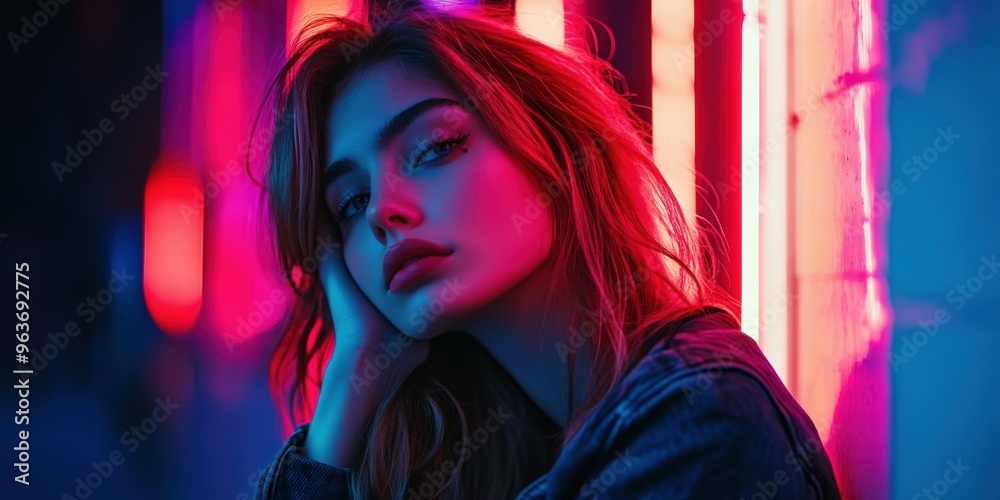 Model posing under neon lights in an urban setting at night Model posing under neon lights in an urban setting at night