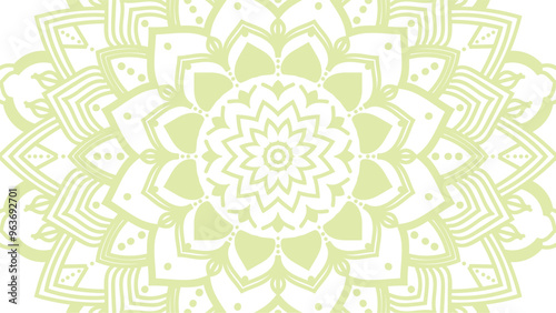 Round mandala on dreamy peach fuzz gradient background. Translucent mesh pattern in the form of a mandala. Mandala with floral patterns. Pastel Yoga template. Gradient background with round mandala