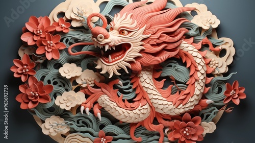 Year of the dragon chinese celebration. Paper cut out Chinese dragon design