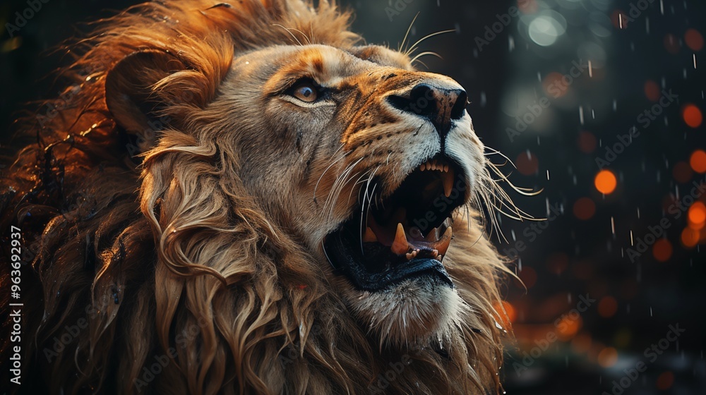 Naklejka premium Young lion roaring in the gentle rain close-up