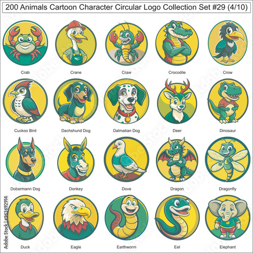 Animals Cartoon Character Circular Logo Collection Set of 200 Isolated Animals Part 4