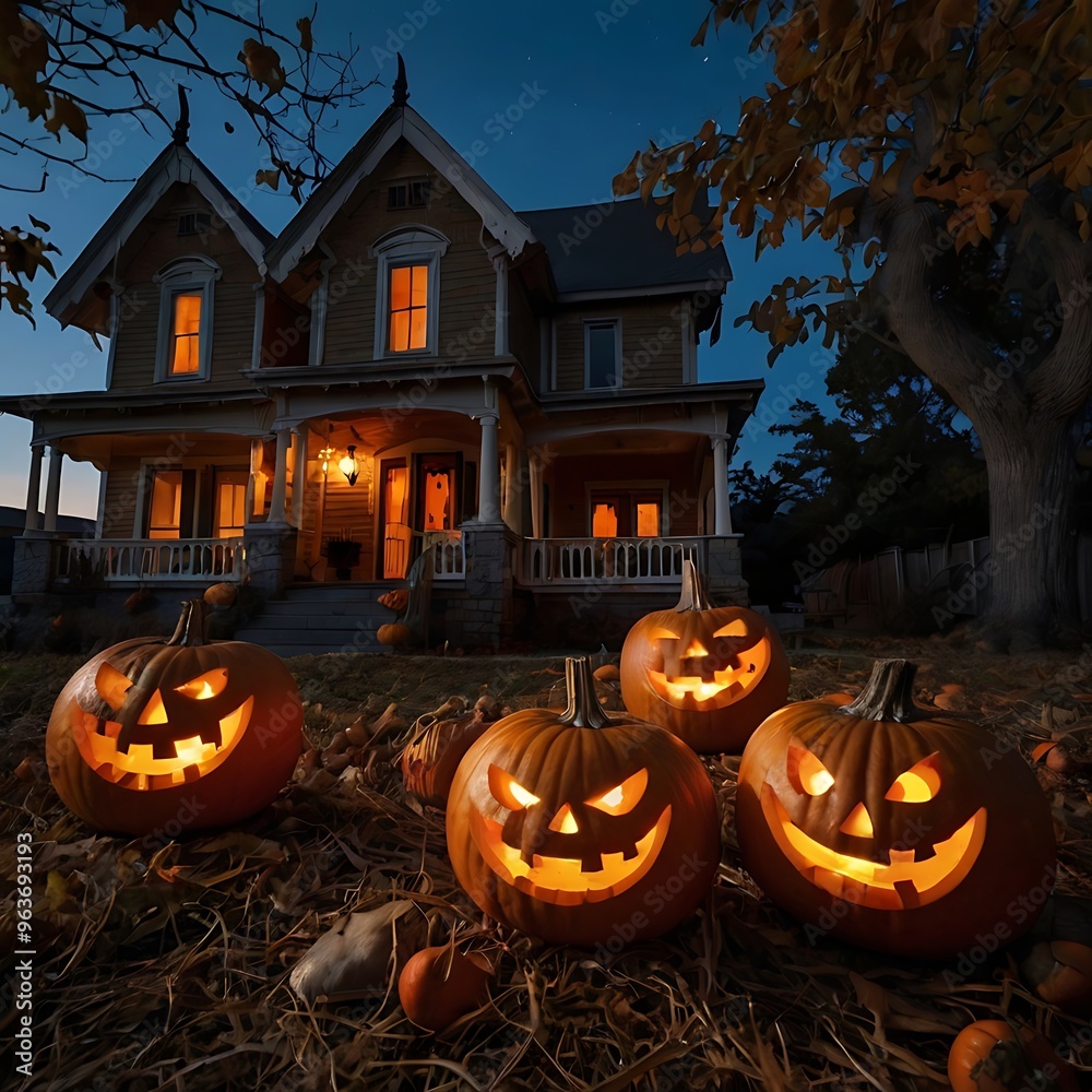 Obraz premium Evil pumpkins Halloween Night Scene with Bats and Haunted House, Halloween haunted mansion Halloween scary scene, Halloween house, Halloween night scene with castle