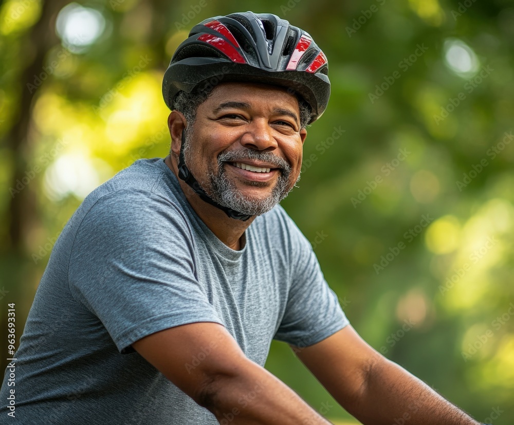 Smiling cyclist wearing a helmet in a sunny park on a warm day Smiling cyclist wearing a helmet in a sunny park on a warm day