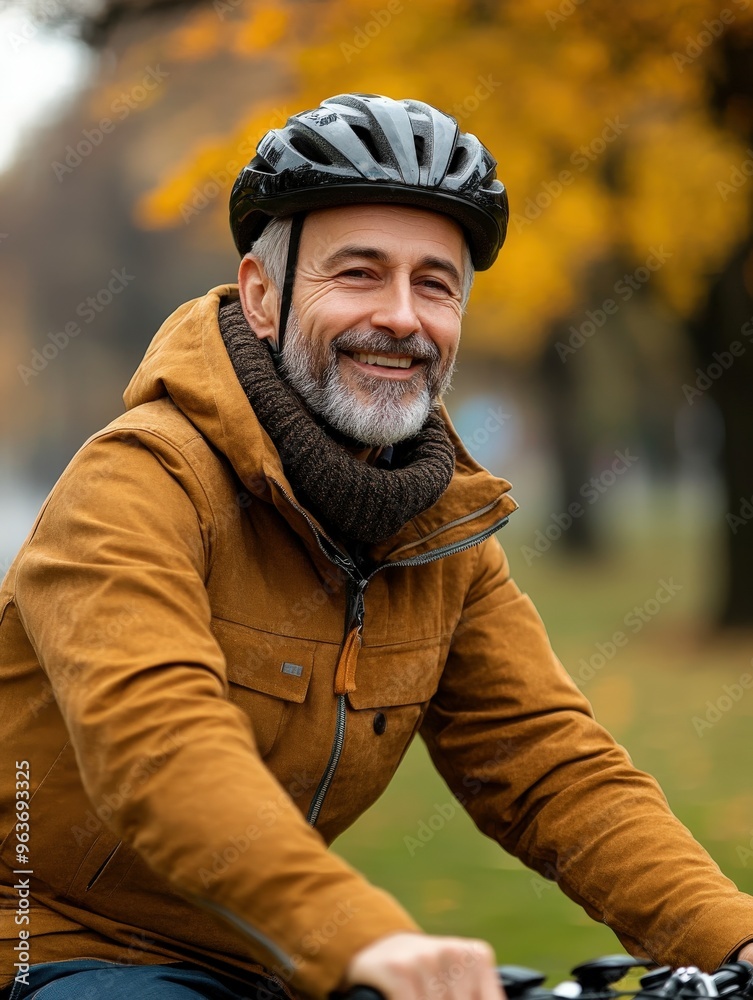 Smiling man cycling on a clear autumn day through a park with yellow leaves Smiling man cycling on a clear autumn day through a park with yellow leaves
