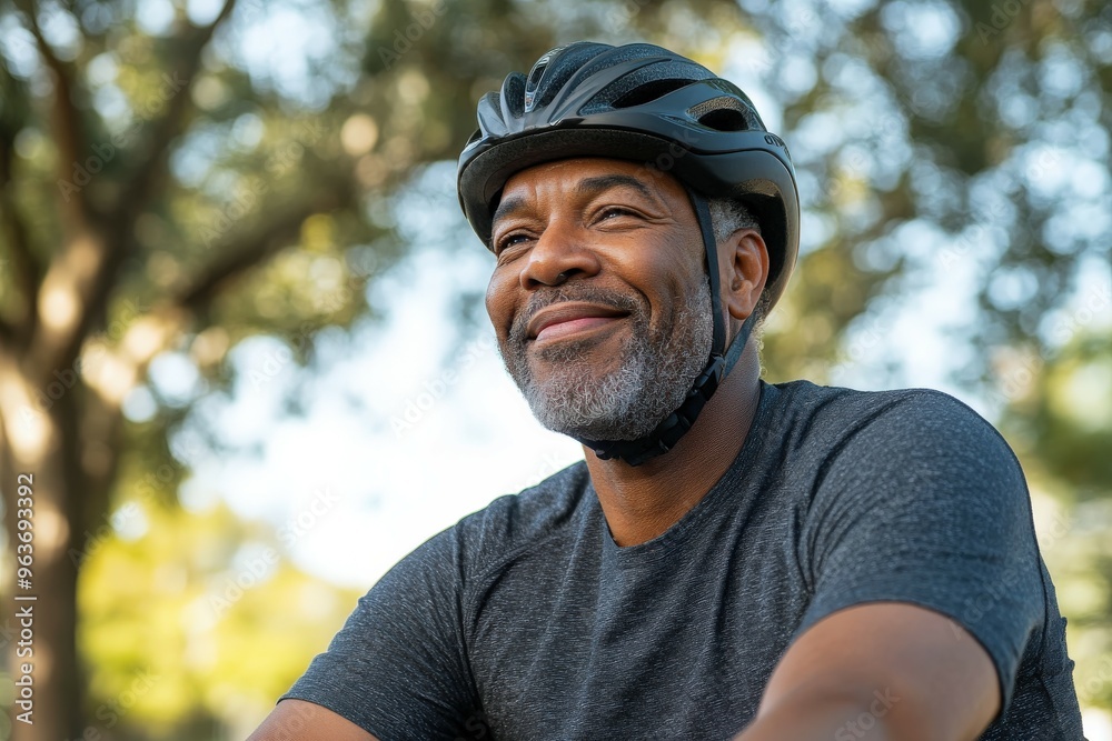 Man enjoying a sunny day while biking in the park wearing a helmet Man enjoying a sunny day while biking in the park wearing a helmet