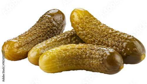 Marinated pickled cucumbers are displayed on a white background, showcasing their vibrant color
 photo