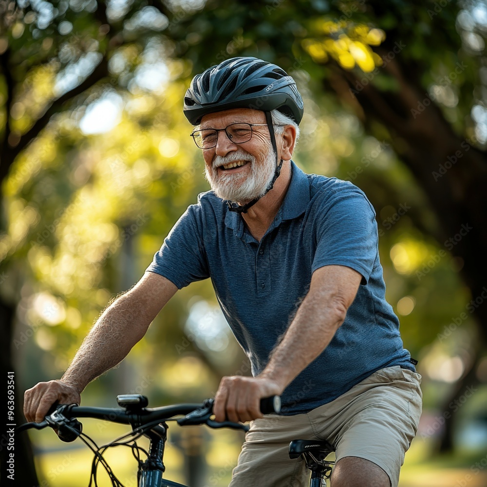Elderly man enjoying a casual bike ride in a sunlit park Elderly man enjoying a casual bike ride in a sunlit park