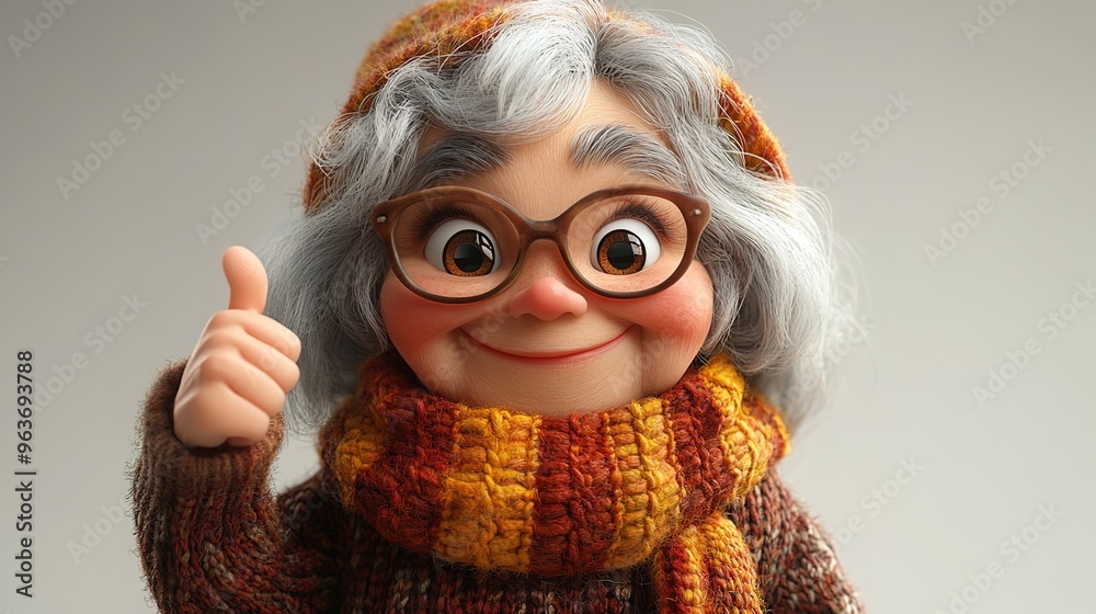 A happy old woman gives a thumbs up with a smile, a 3D cartoon character
A happy old woman gives a thumbs up with a smile, a 3D cartoon character