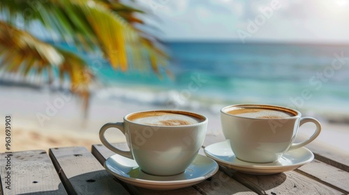 Romantic beachside coffee date with ocean view, tropical vacation concept for couples in paradise.