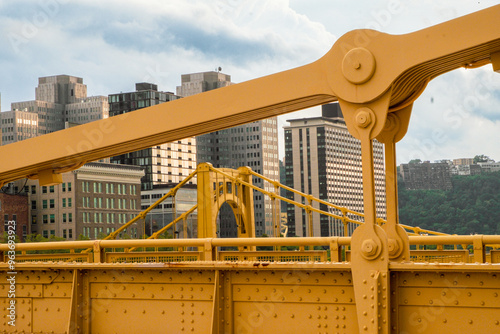 Tableau sur toile Roberto Clemente Bridge and Pittsburg, PA skyline framed by Andy Warhol bridge