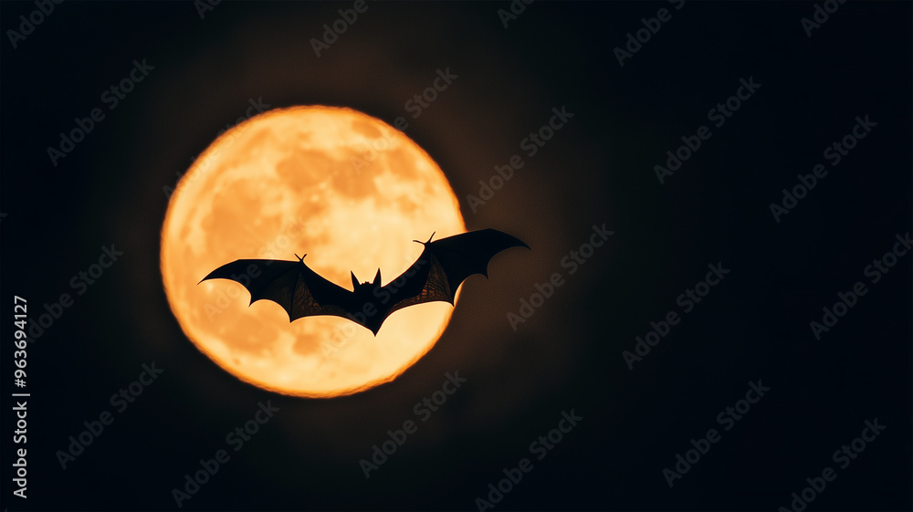 Naklejka premium 満月を飛ぶコウモリのシルエット