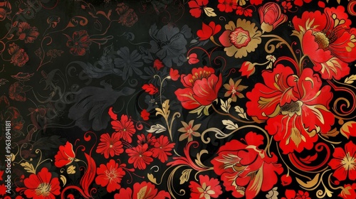 Decorative floral Palekh pattern: red and gold flowers on black background, Russian traditional ornament design