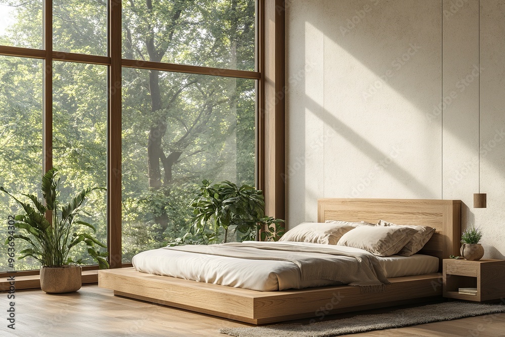 Fototapeta premium Minimalist bedroom featuring a wooden bed frame, large windows, and neutral decor. Modern interior design with hardwood floors. 3D Rendering generative ai