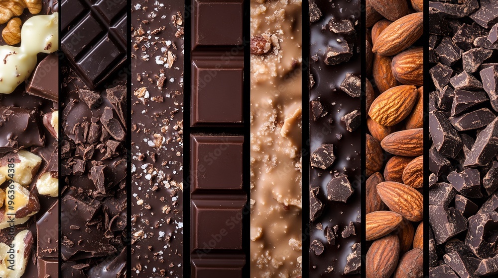 Collage of food products showing different chocolate bars with nuts, sea salt, and unique textures. Collage of food products showing different chocolate bars with nuts, sea salt, and unique textures.