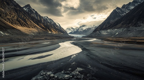 Shrinking glacier-fed river carving through a valley, reflecting the reduced water supply from melting glaciers critical to downstream communities. photo