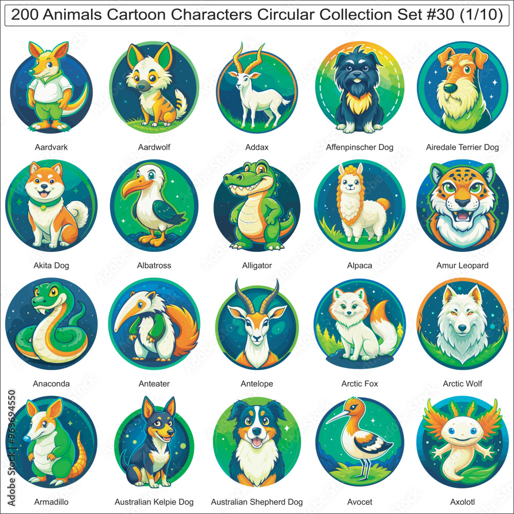 Animals Cartoon Characters Circular Collection Set of 200 Isolated Animals Part 1