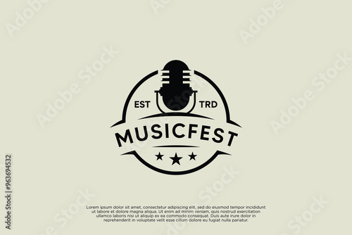 Microphone round emblem logo design. Voice, podcast, karaoke logo retro style