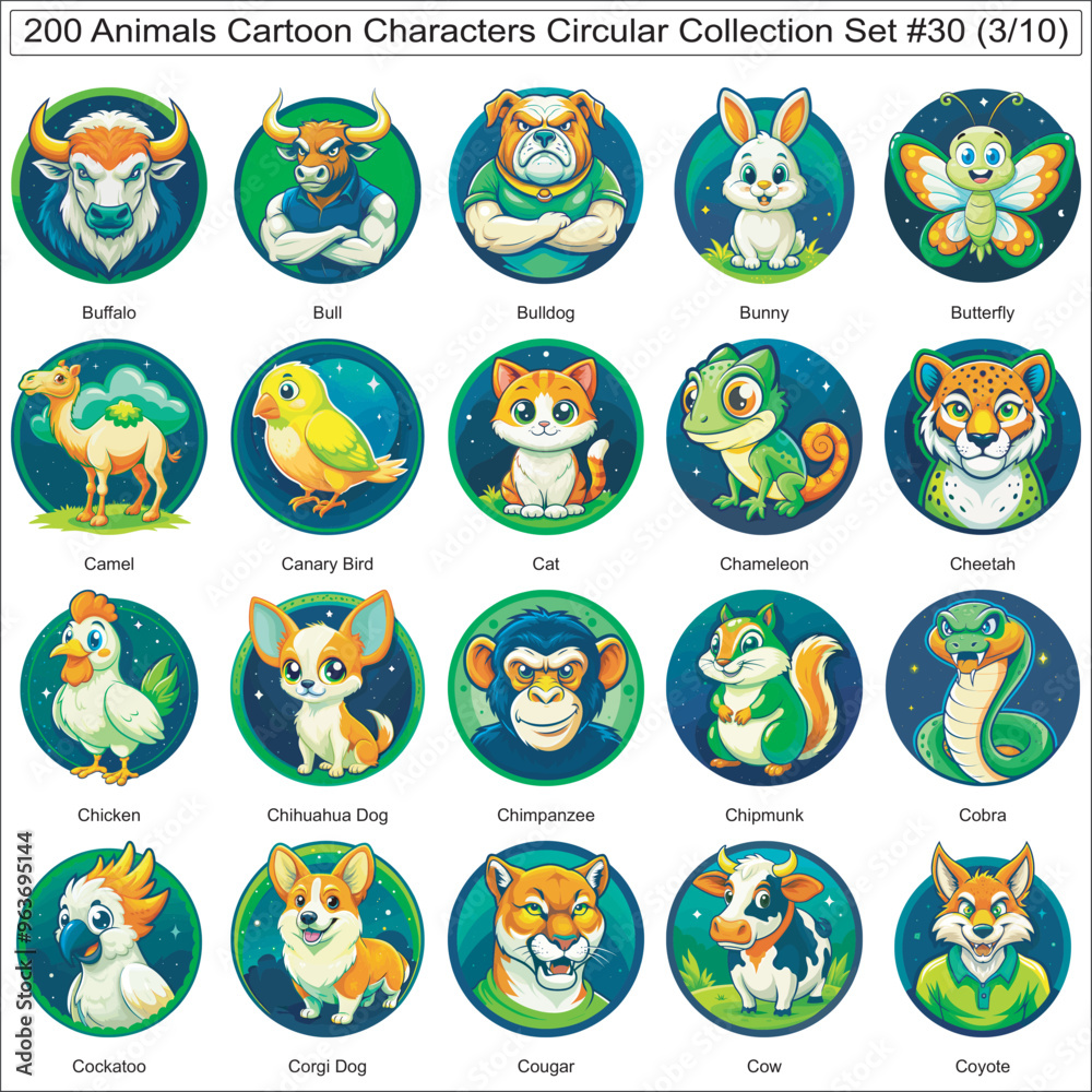 Animals Cartoon Characters Circular Collection Set of 200 Isolated Animals Part 3 Animals Cartoon Characters Circular Collection Set of 200 Isolated Animals Part 3