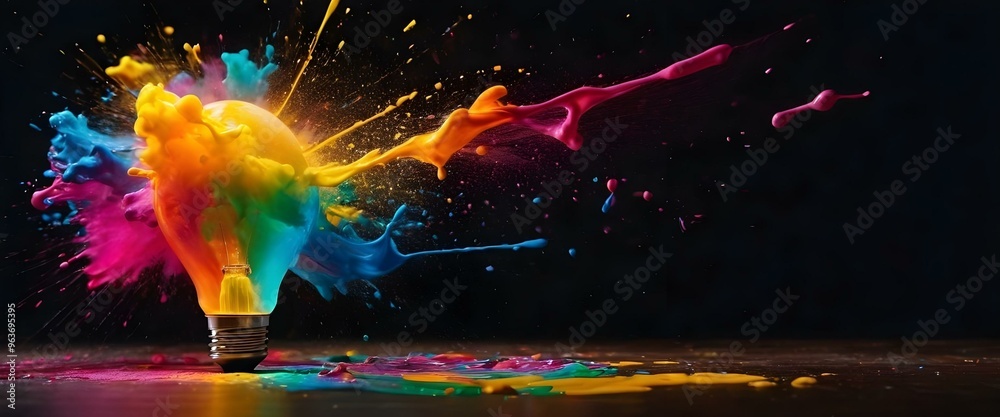 Light bulb explodes with multicolor magic paint and colors on dark background. New idea, brainstorming concept. AI generated. Light bulb explodes with multicolor magic paint and colors on dark background. New idea, brainstorming concept. AI generated.