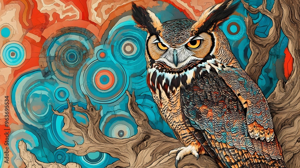 Fototapeta premium Surrealistic Colorful Owl Oil Painting, Texture, Pattern Background, Wallpaper, Cover and Screen for Smartphone, PC, Laptop, 9:16 and 16:9 Format