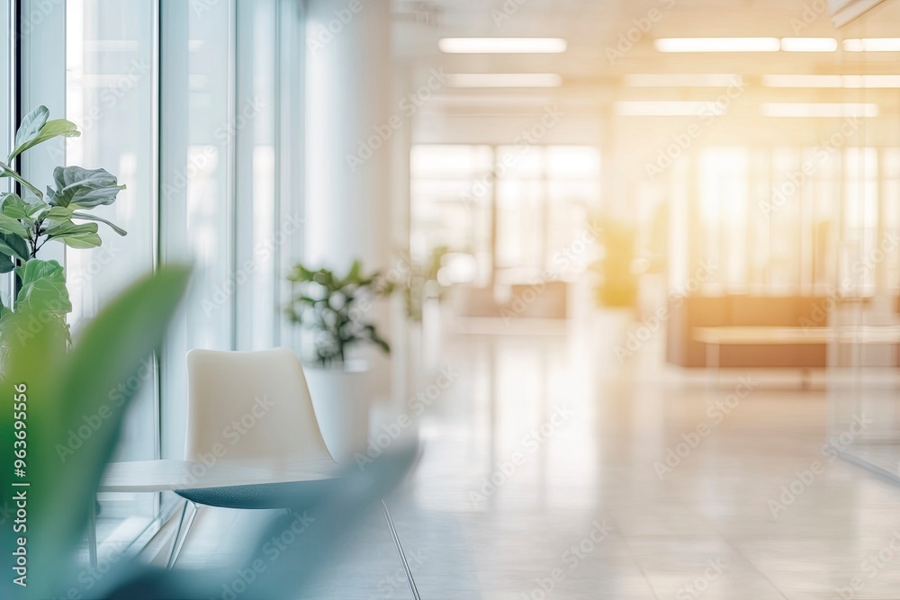Fototapeta premium Modern bright office interior with furniture and daylight. Blurred background. generative ai