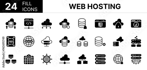 Collection of 24 web hosting fill icons featuring editable strokes. These outline icons depict various modes of web hosting, server, backup, domain, ftp, cyberspace, database,