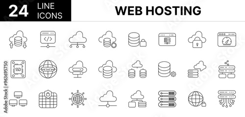 Collection of 24 web hosting line icons featuring editable strokes. These outline icons depict various modes of web hosting, server, backup, domain, ftp, cyberspace, database,